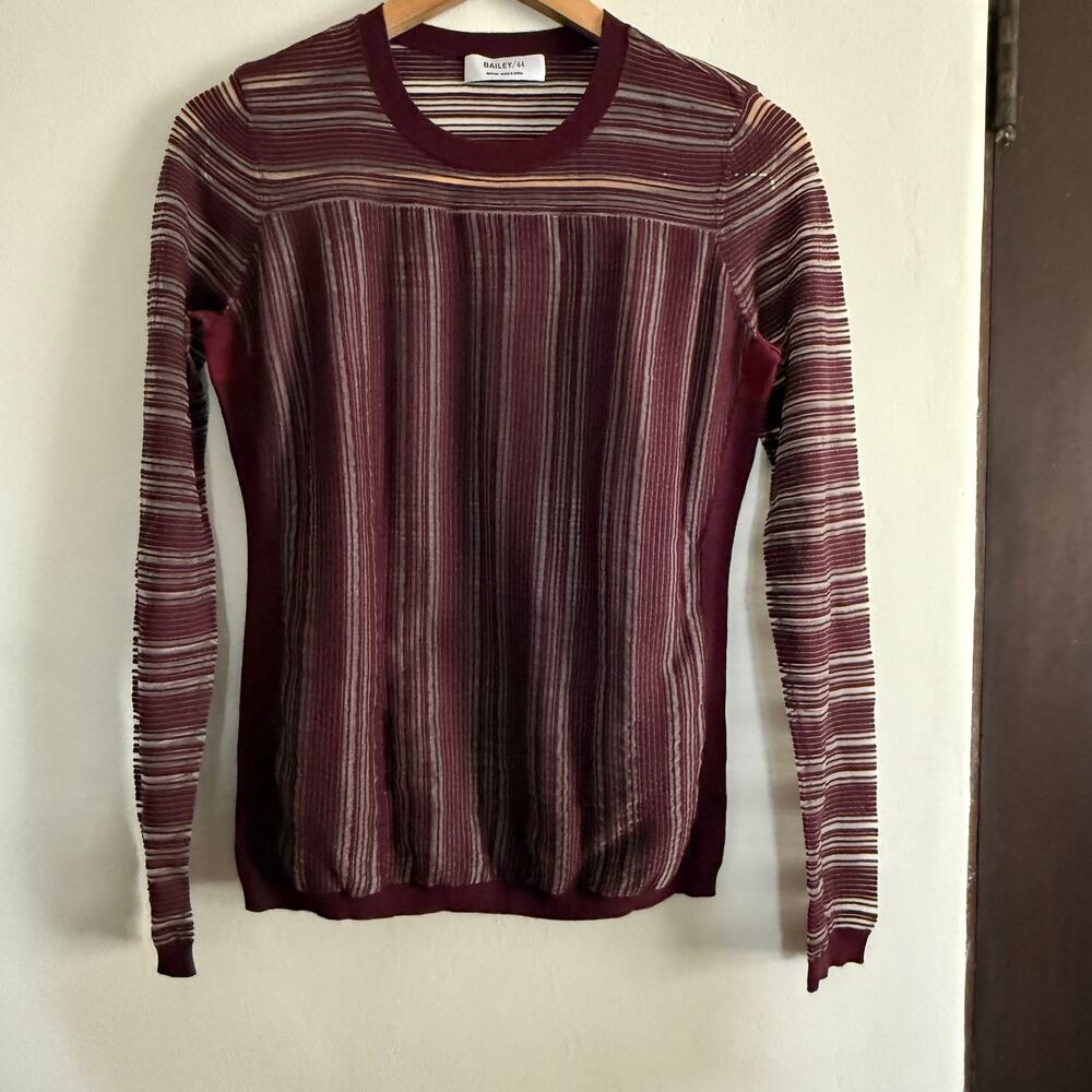 BAILEY \ 44 Burgundy sheer striped Crew neck Slim Fit Shirt | Medium